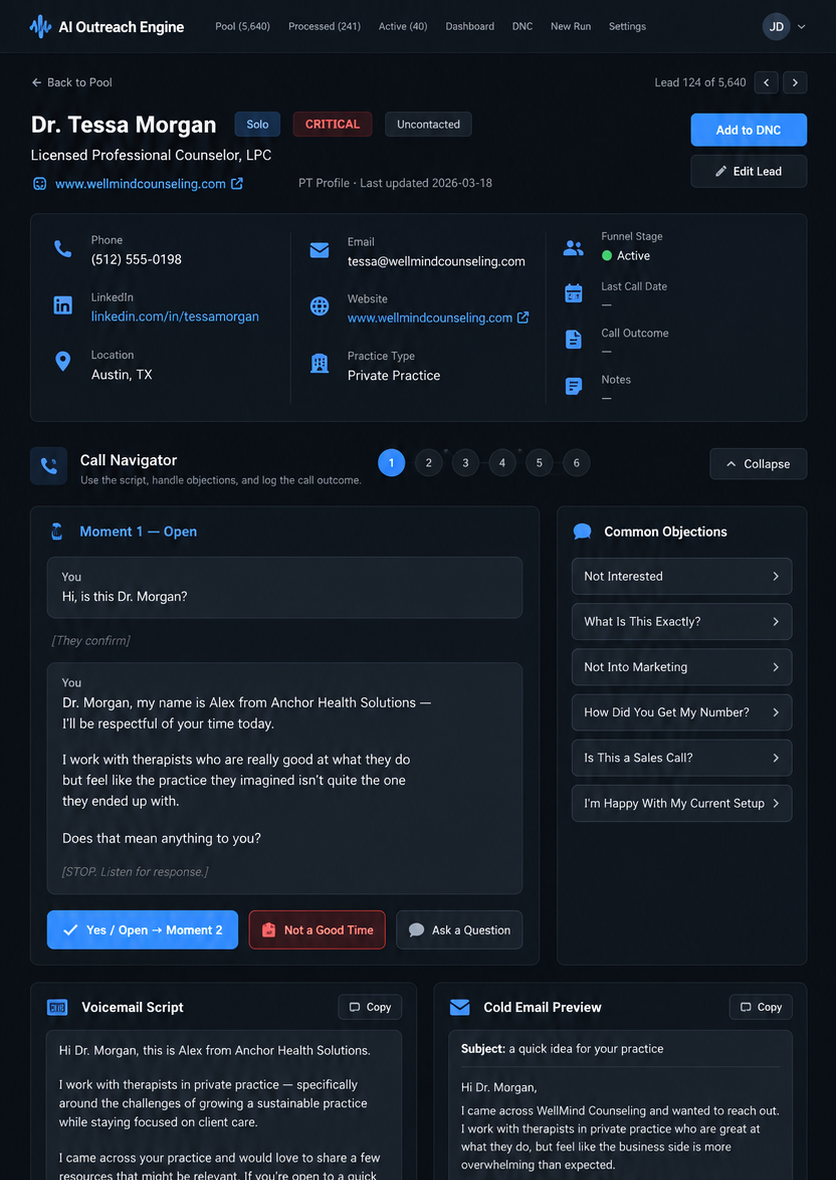 AI Outreach Engine privacy-safe lead detail and Call Navigator interface