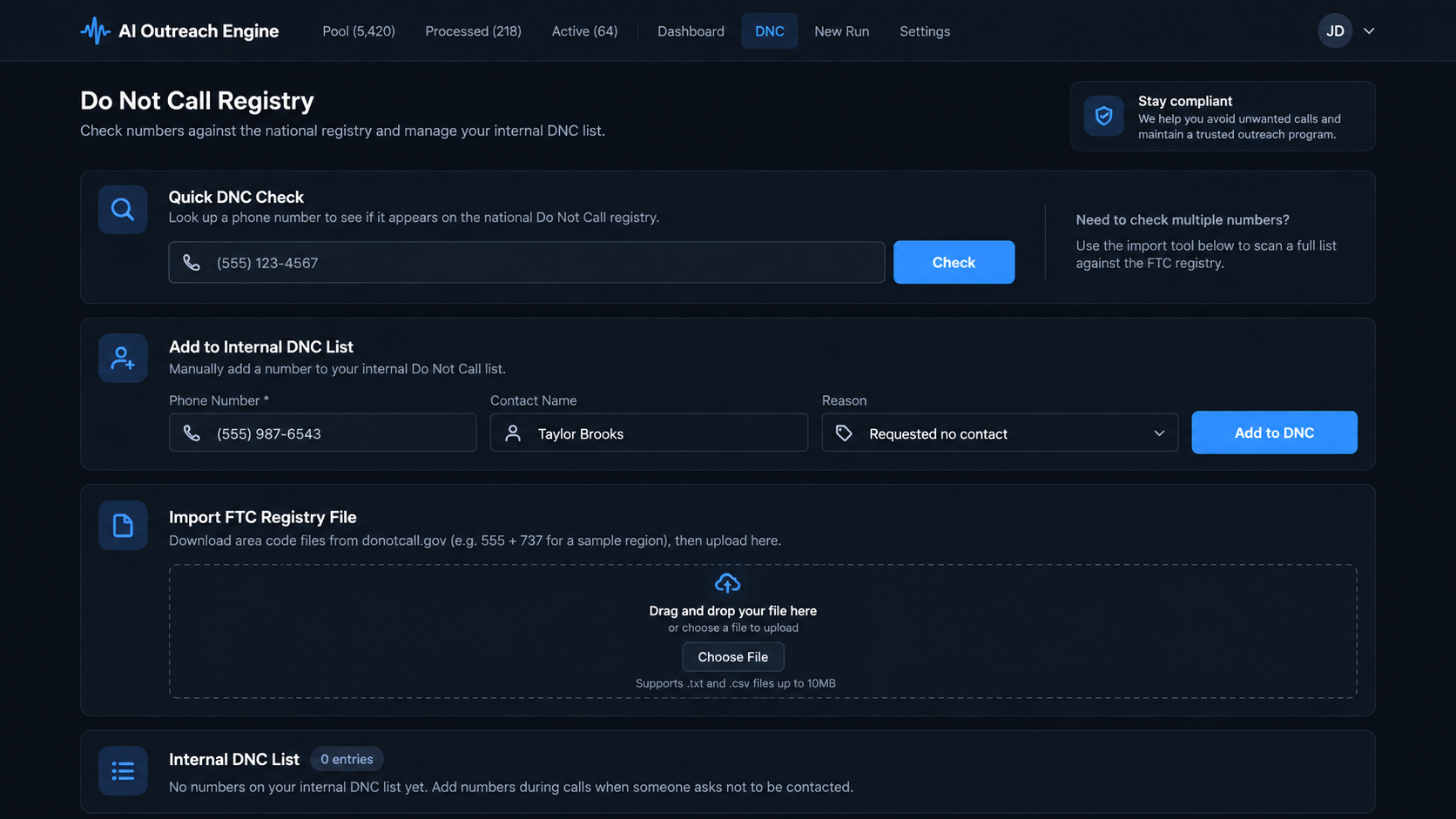 AI Outreach Engine Do Not Call registry and internal compliance controls