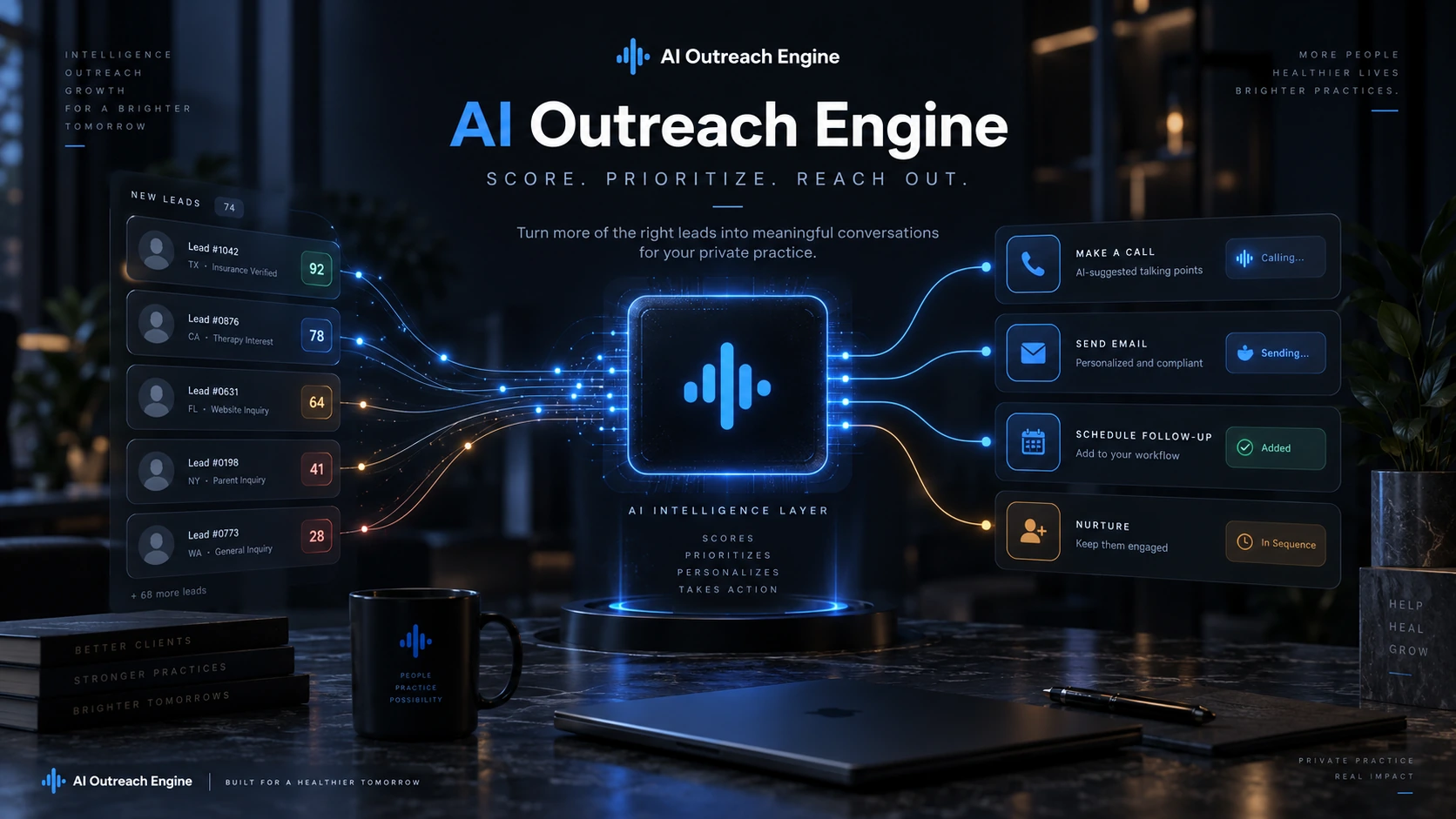 AI Outreach Engine conceptual cover showing leads moving through an intelligence layer into outreach actions