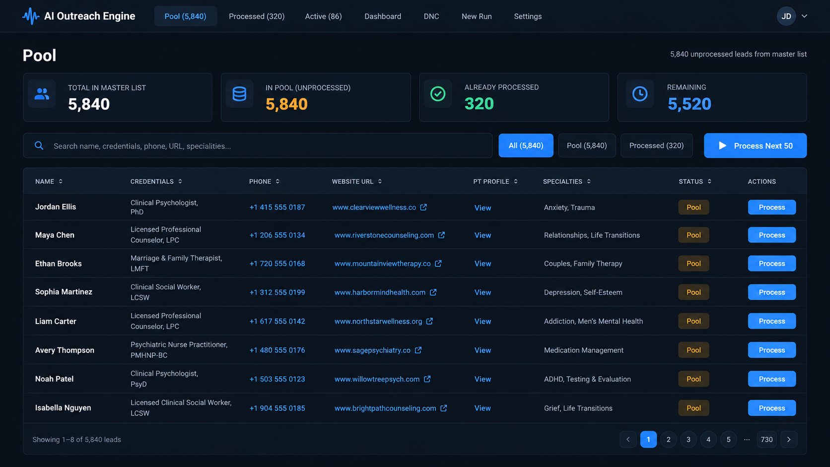 AI Outreach Engine lead pool with synthetic therapist contacts and processing controls