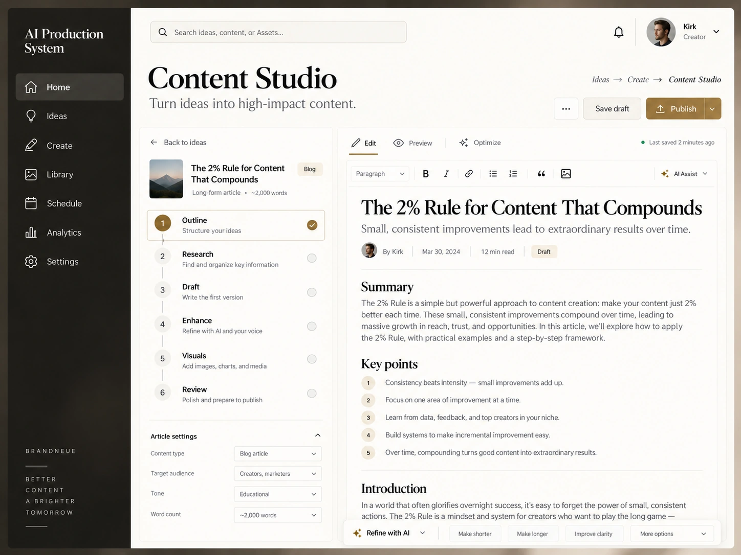 AI Production System concept Content Studio screen