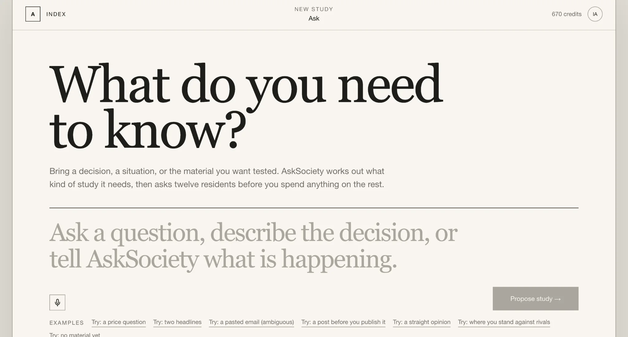 AskSociety new study screen asking What do you need to know