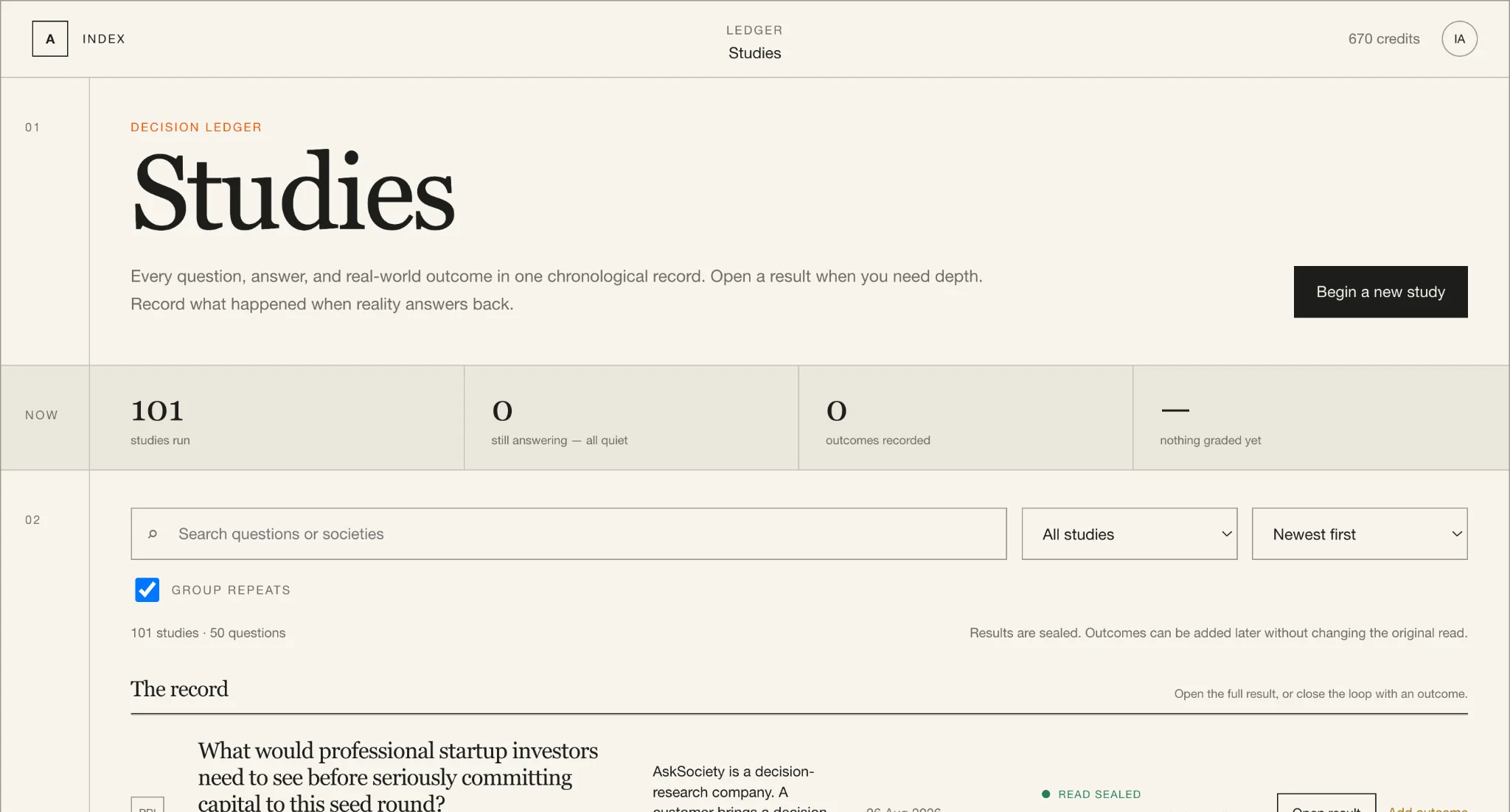 AskSociety Studies decision ledger showing sealed studies and outcomes