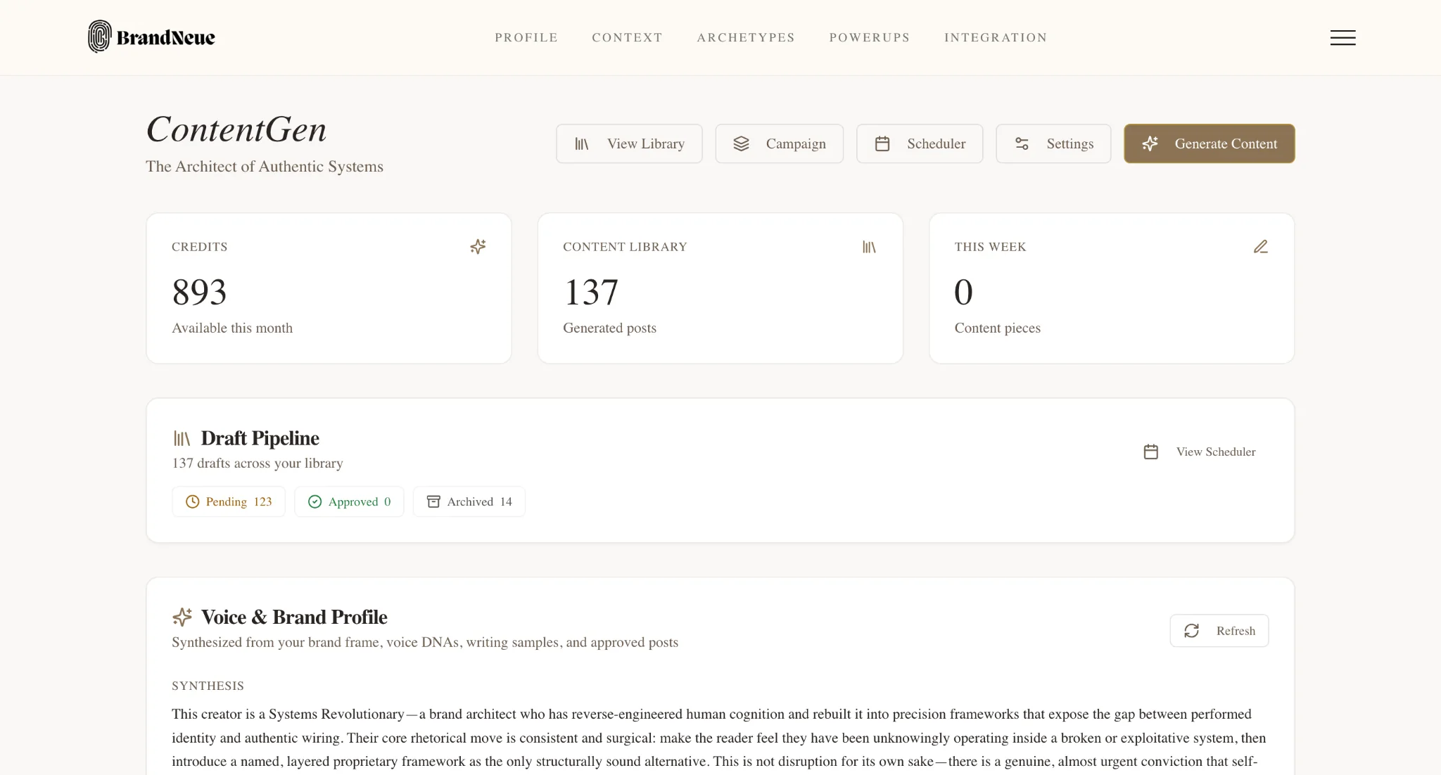 BrandNeue ContentGen dashboard using synthesized voice and brand context