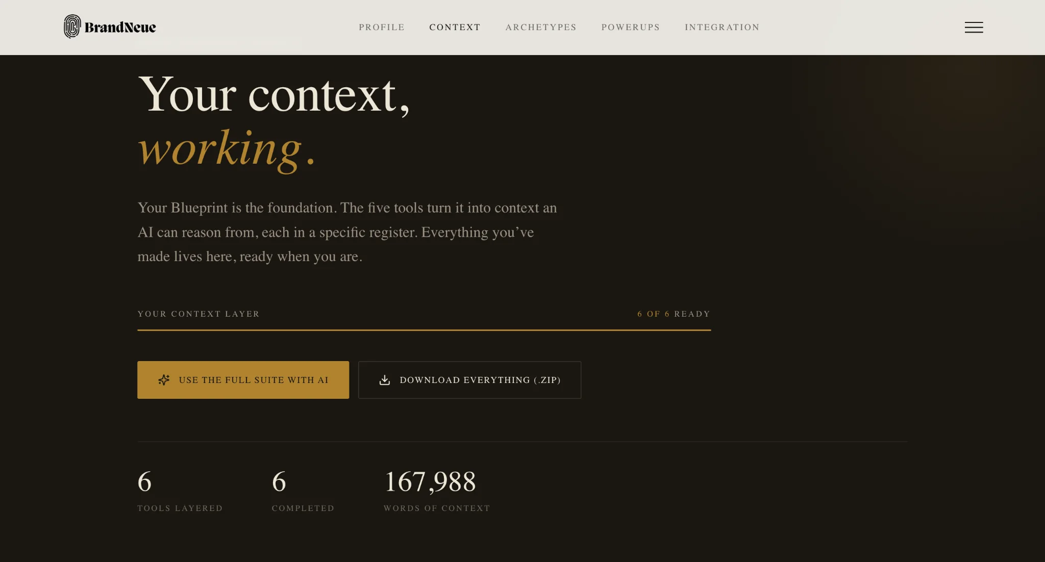 BrandNeue Context interface showing six completed context tools