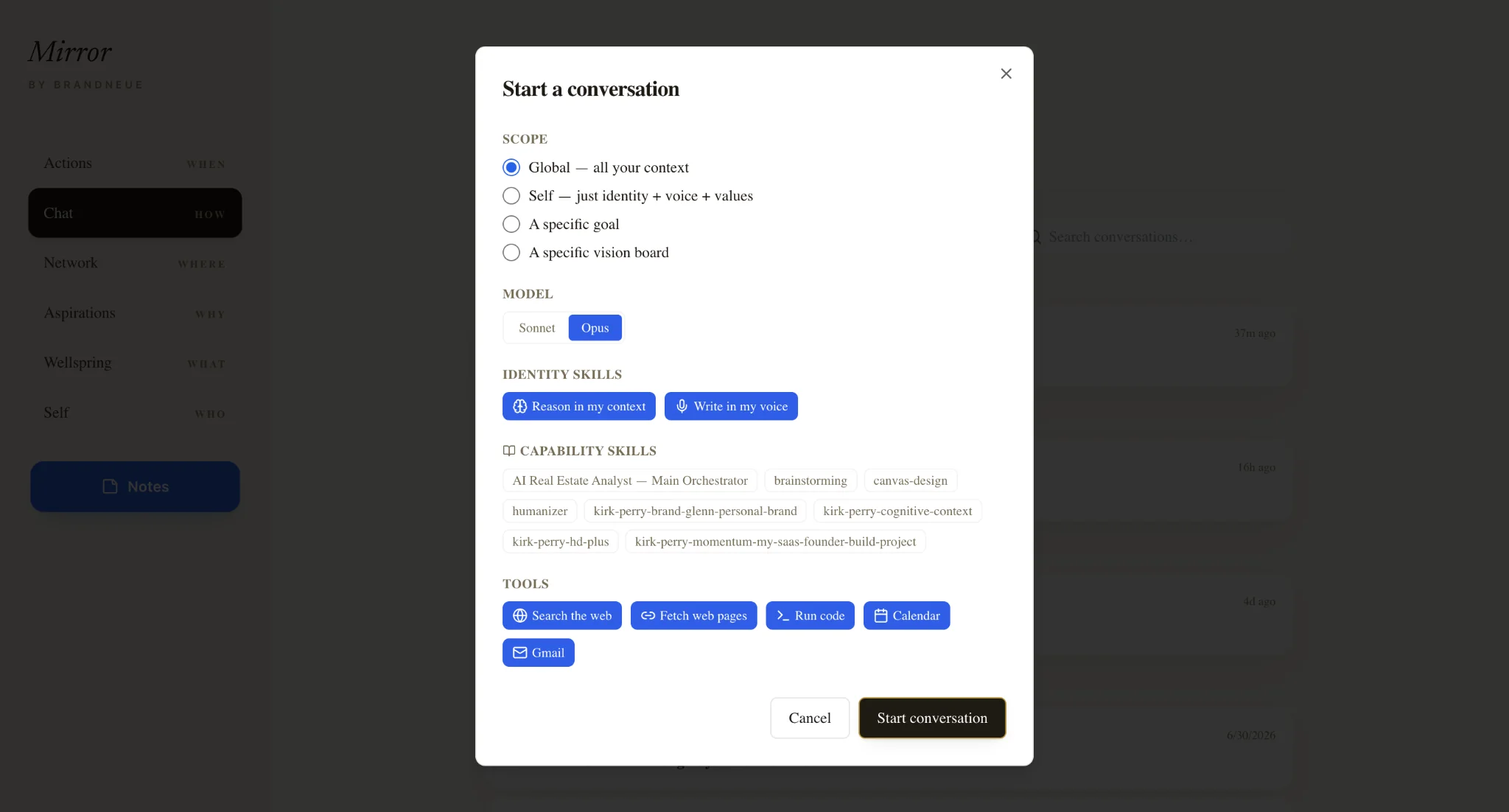 Mirror Start a conversation dialog showing context scope model identity skills capability skills and tools