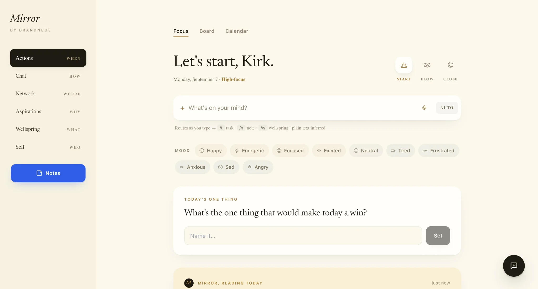 Mirror Focus dashboard showing daily priority and mood state