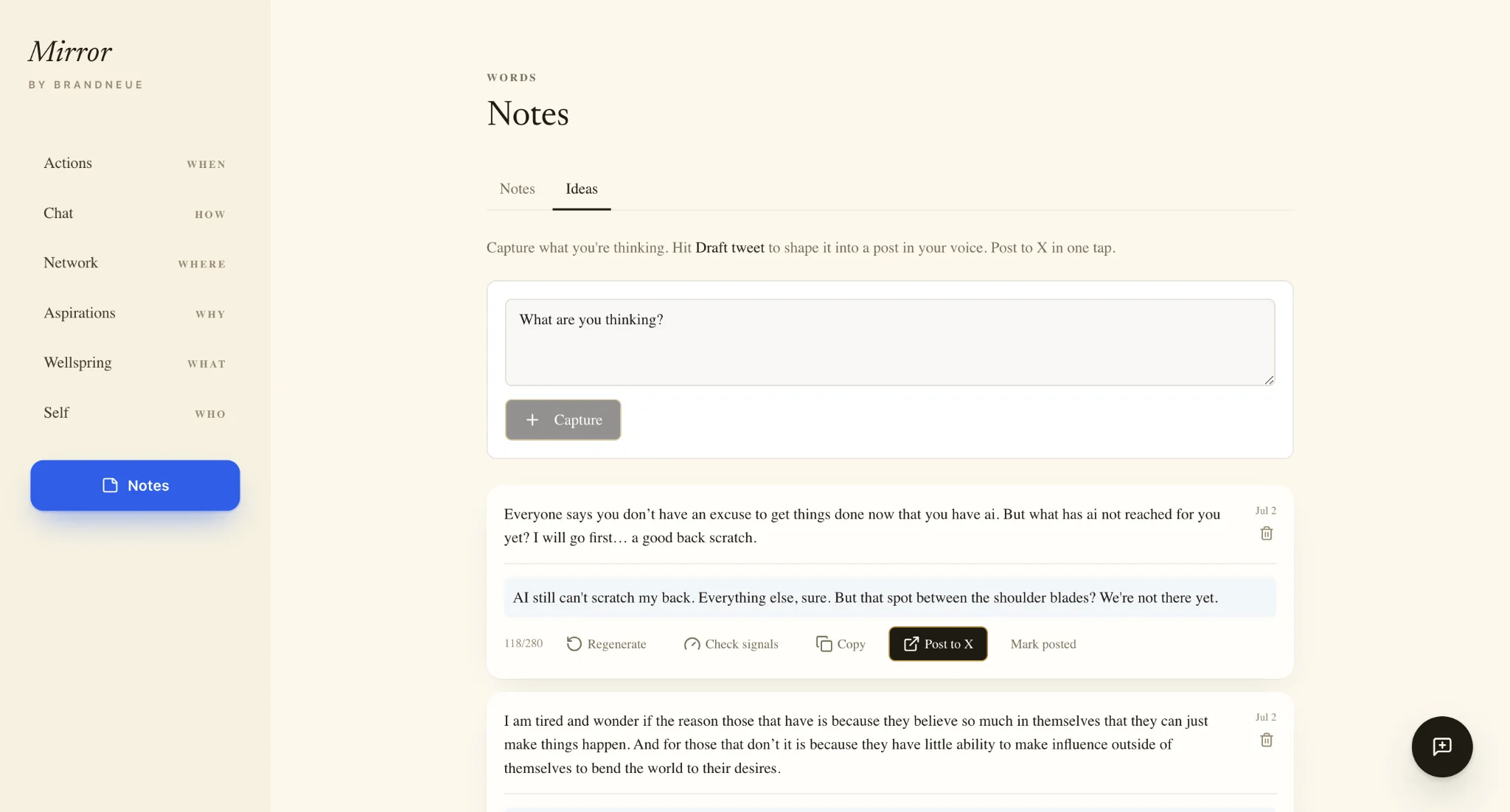 Mirror Notes interface with Ideas tab and drafted posts