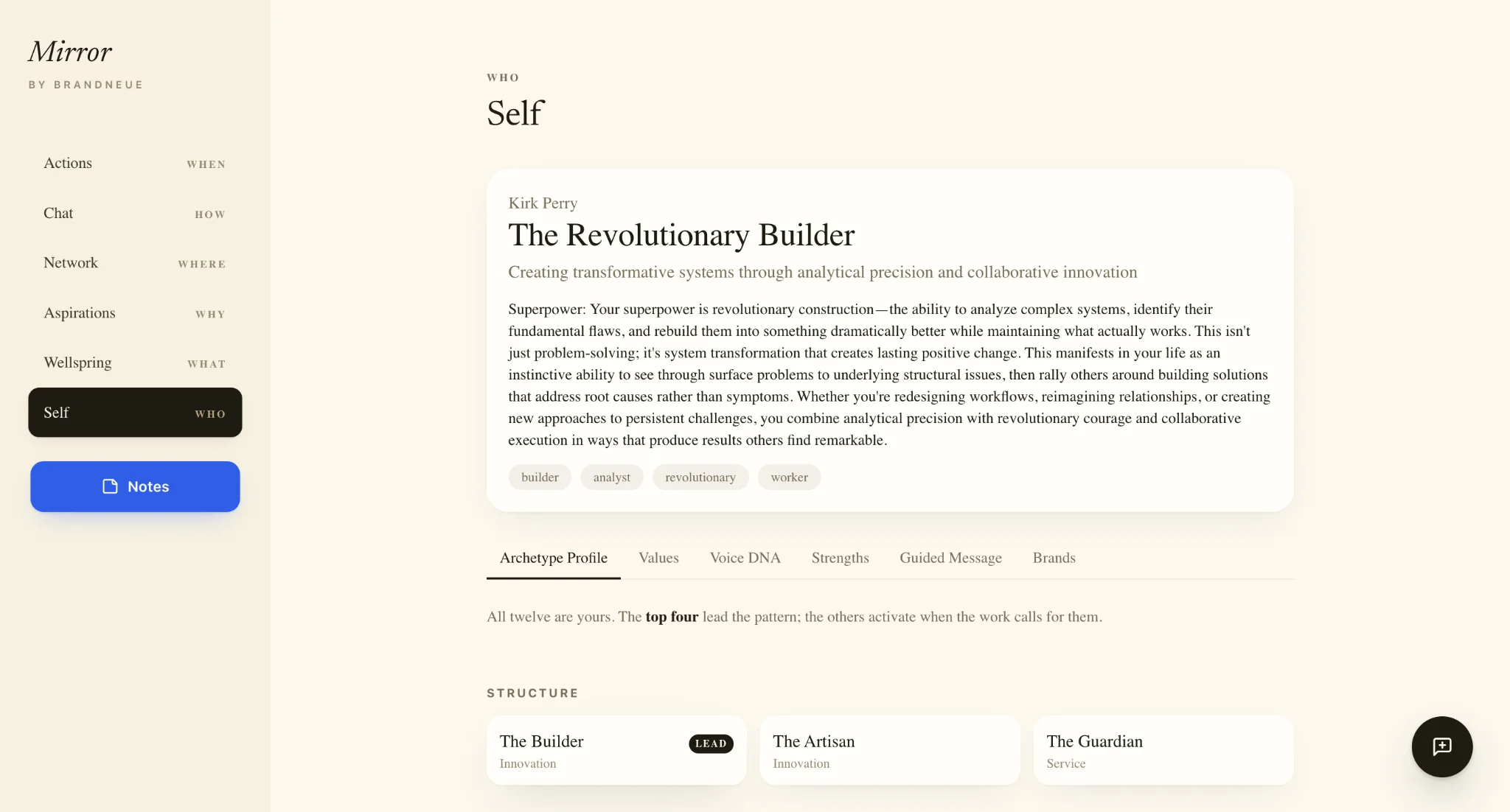 Mirror Self screen showing the Revolutionary Builder profile and archetype constellation