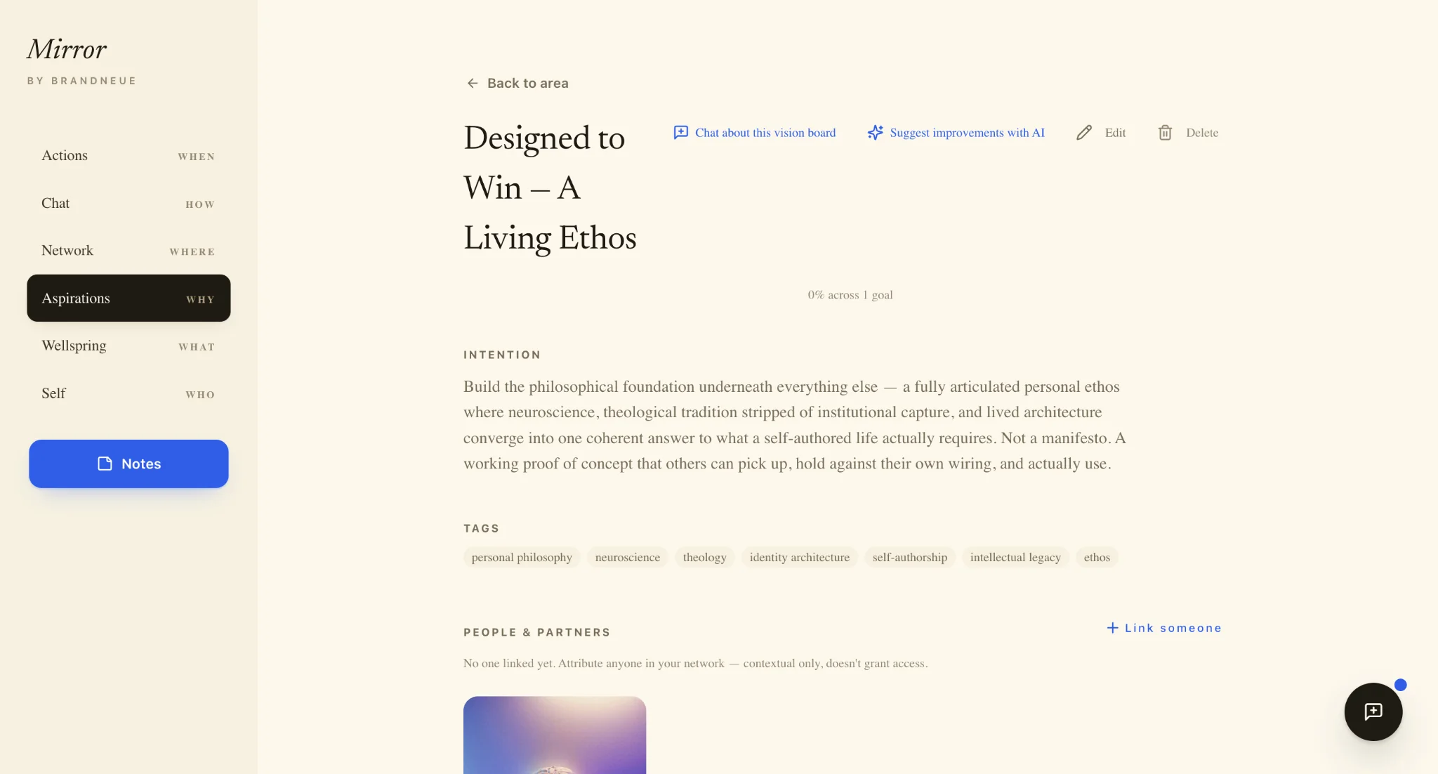 Mirror vision board detail titled Designed to Win — A Living Ethos
