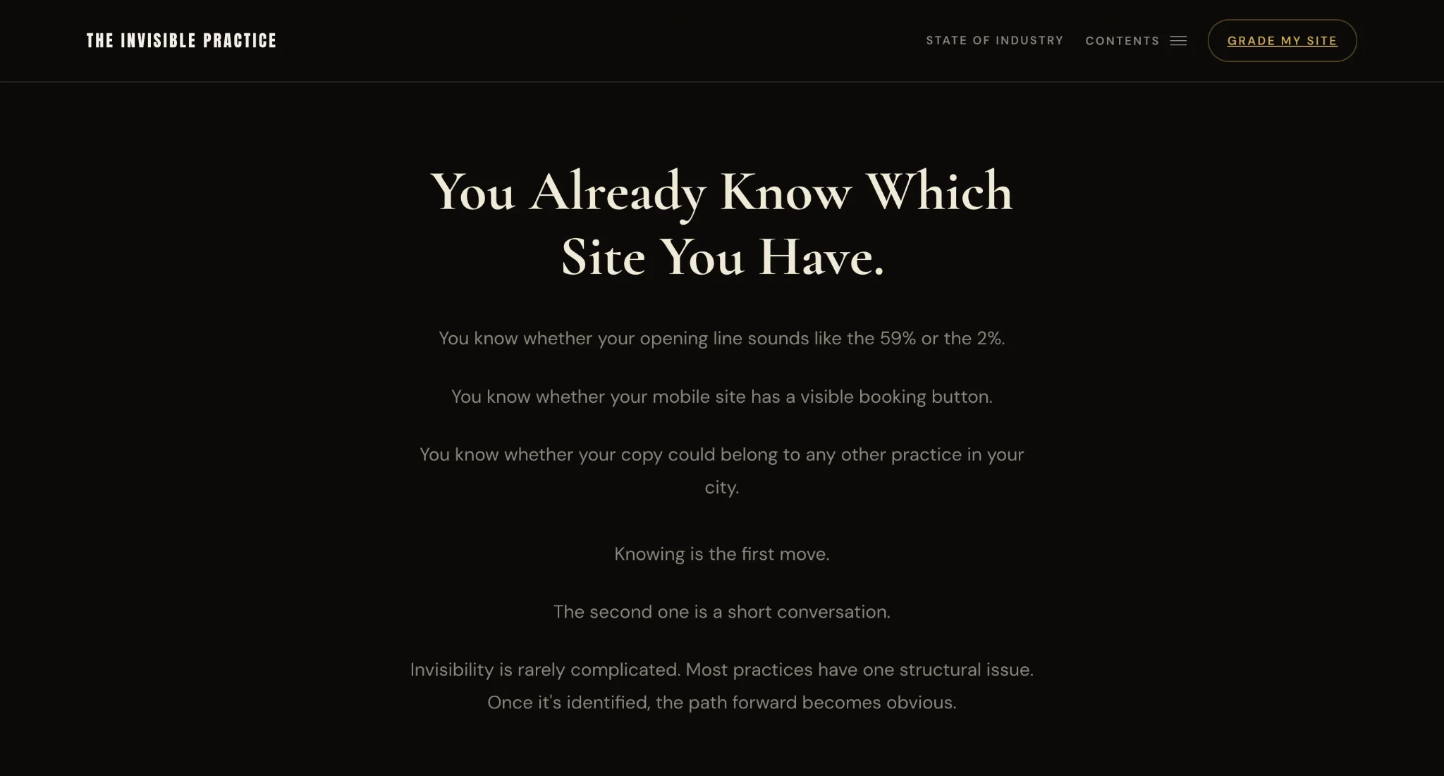 The Invisible Practice closing page reading You Already Know Which Site You Have