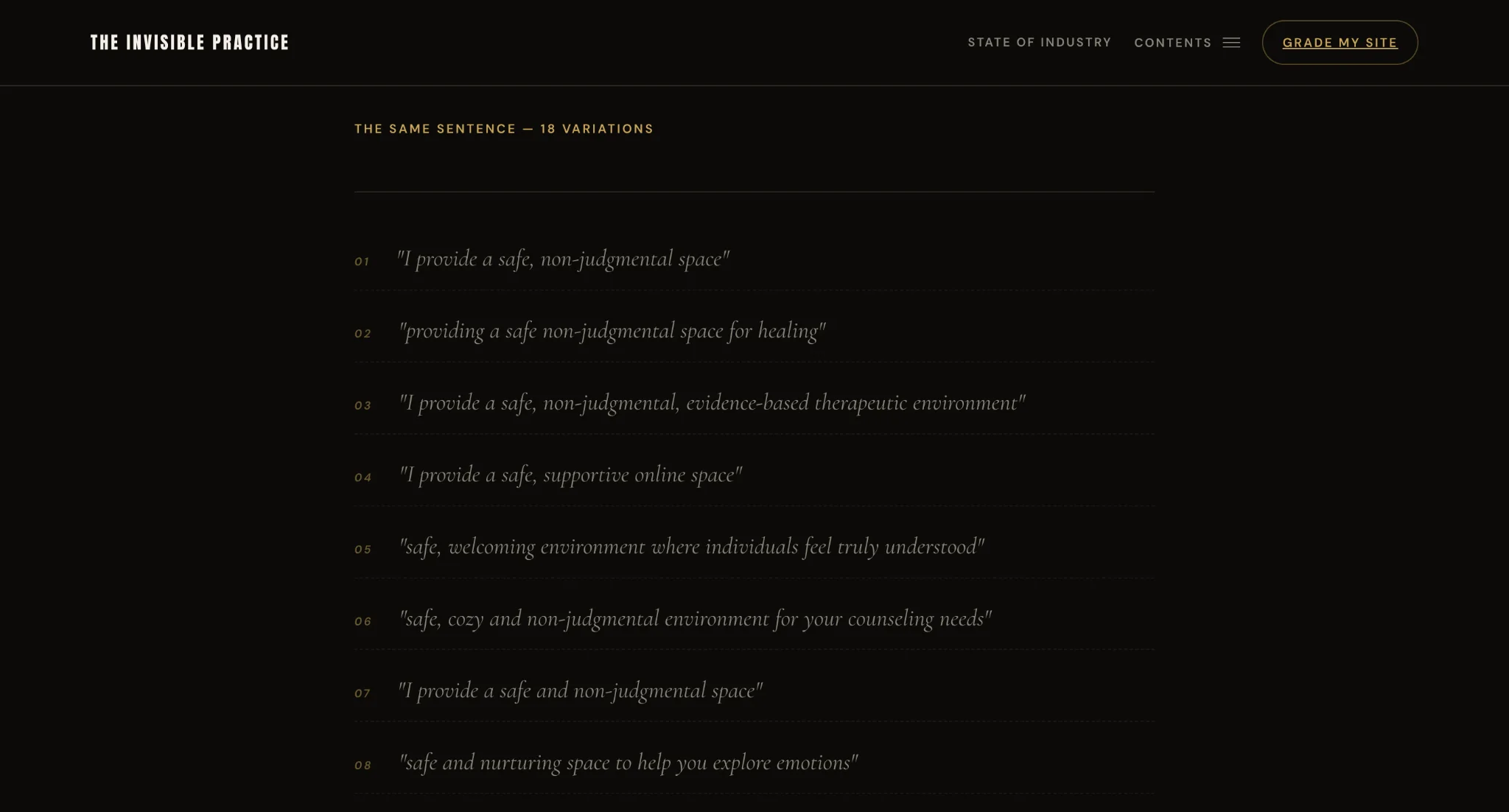The Invisible Practice report listing repeated safe and non-judgmental sentence variations