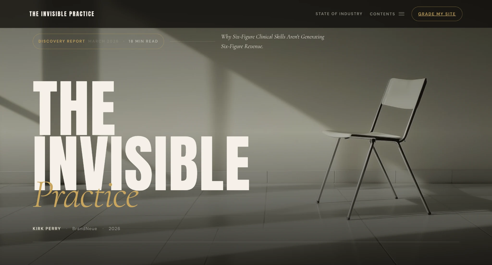 The Invisible Practice discovery report cover featuring an empty chair