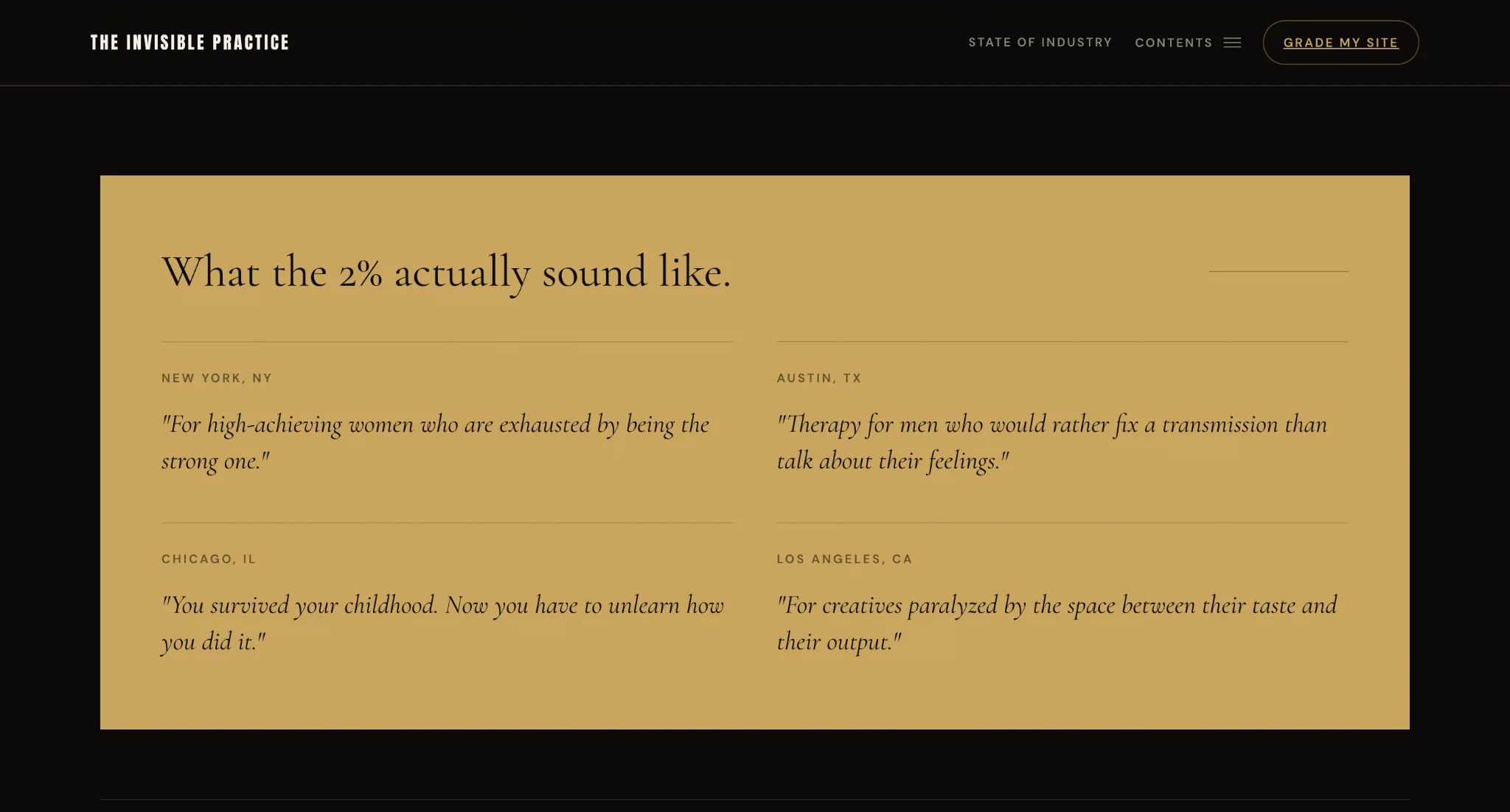 The Invisible Practice report showing examples of what the top two percent of therapy sites sound like