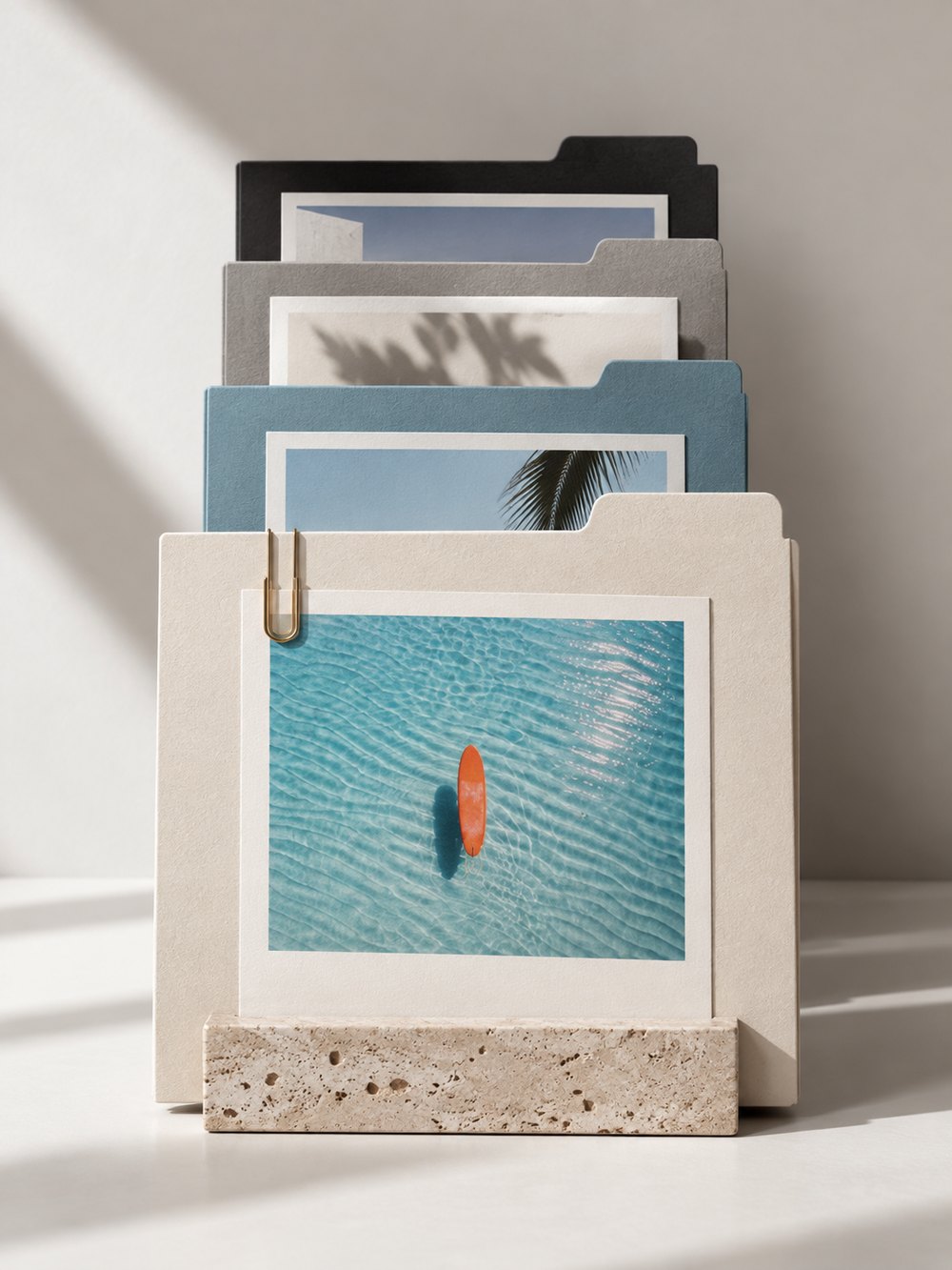 Stacked work folders representing one active priority in a larger queue