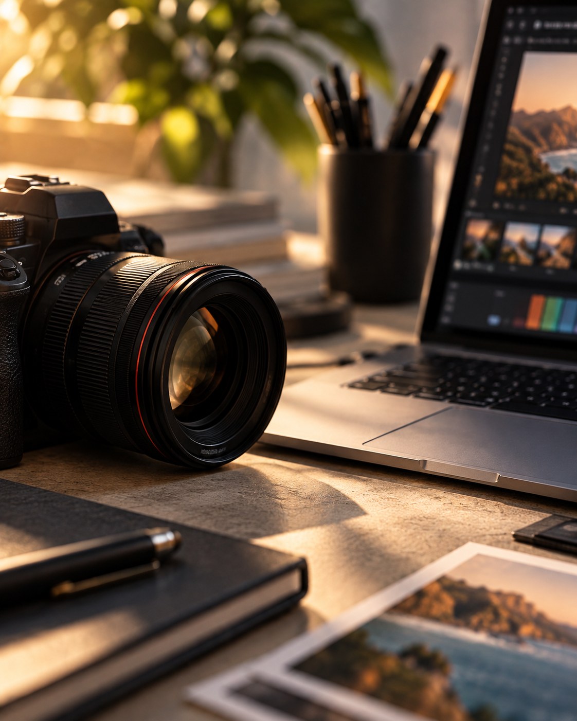 Creative production workspace with camera, laptop and editorial tools