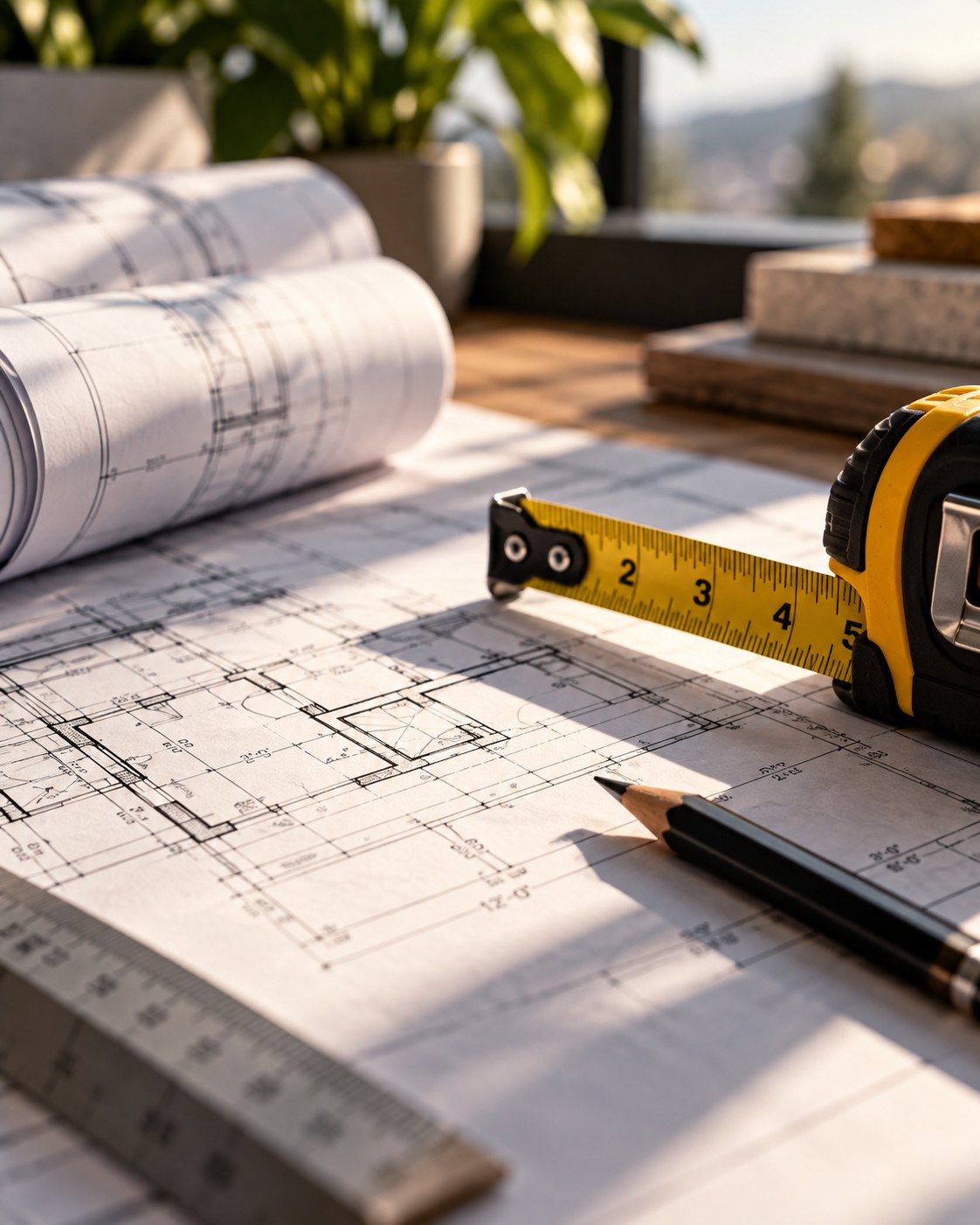 Sunlit blueprint workspace with tape measure and pencil