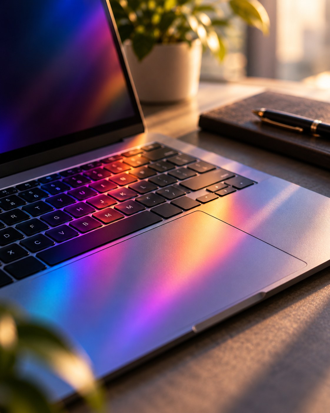 Laptop workspace with prism light across the keyboard