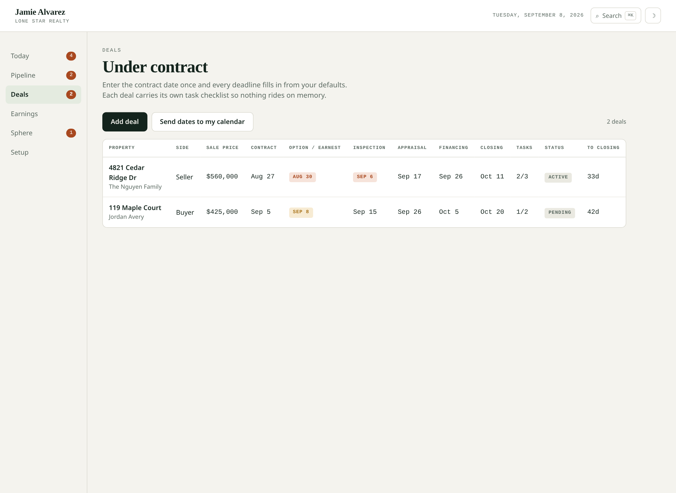 Solo Agent CRM deals screen showing contract deadlines
