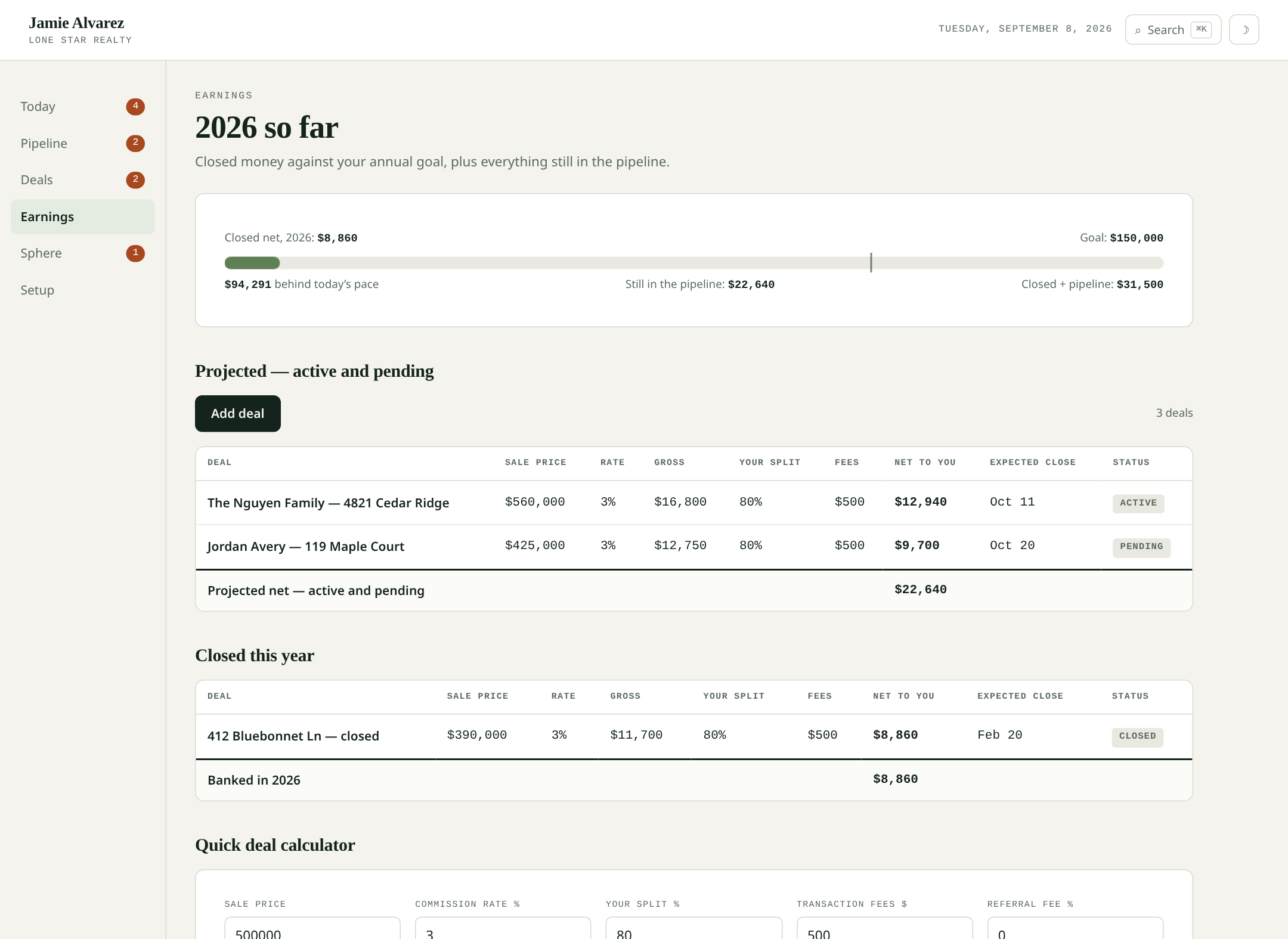 Solo Agent CRM earnings screen showing annual goal and commission projections