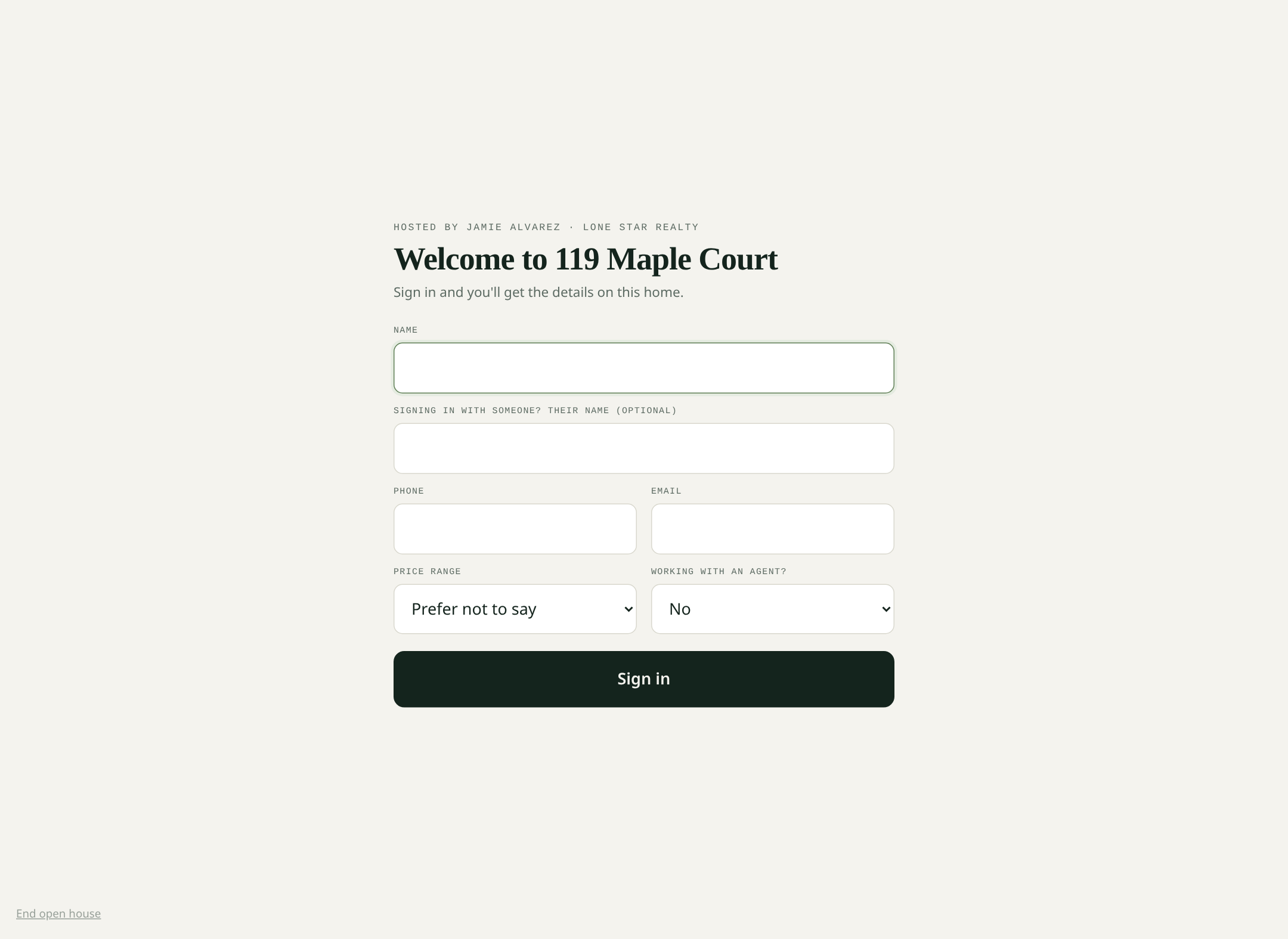 Solo Agent CRM open house sign-in screen