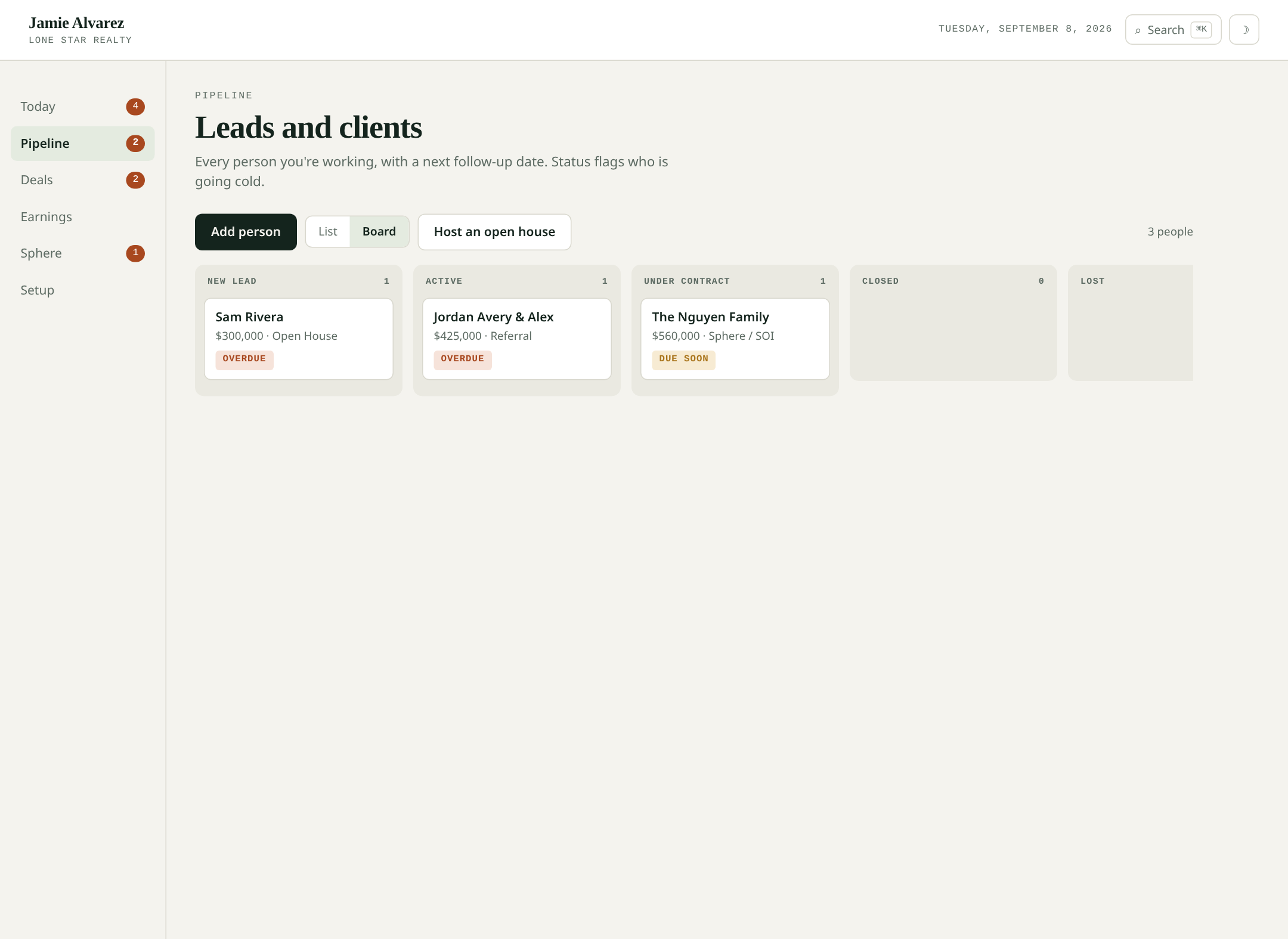 Solo Agent CRM pipeline board with lead stages